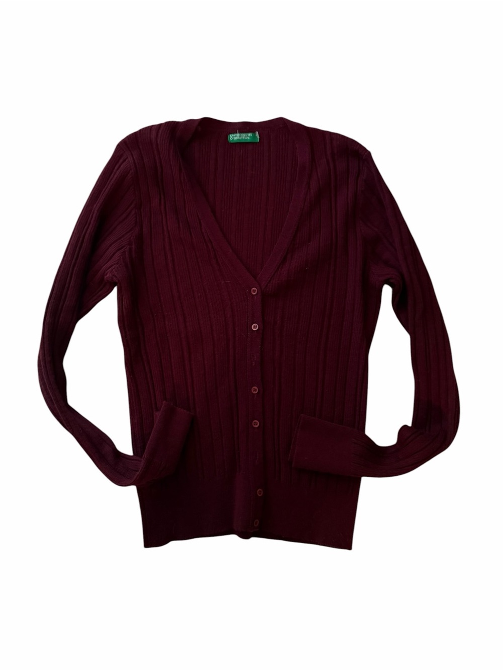 Benetton Ribbed V-Neck Cardigan - Burgundy XS-S